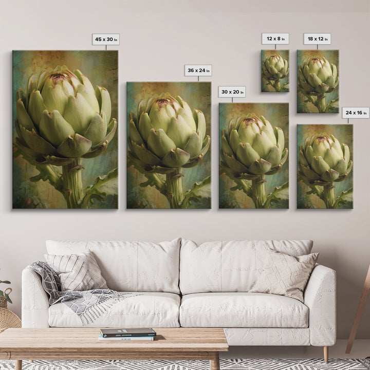 Artichoke Closeup in Painterly Green Tones Framed Canvas Print, Kitchen Art, Digital Print, Kitchen Decor, Fine Art, Kitchen, KIT-2x3-28