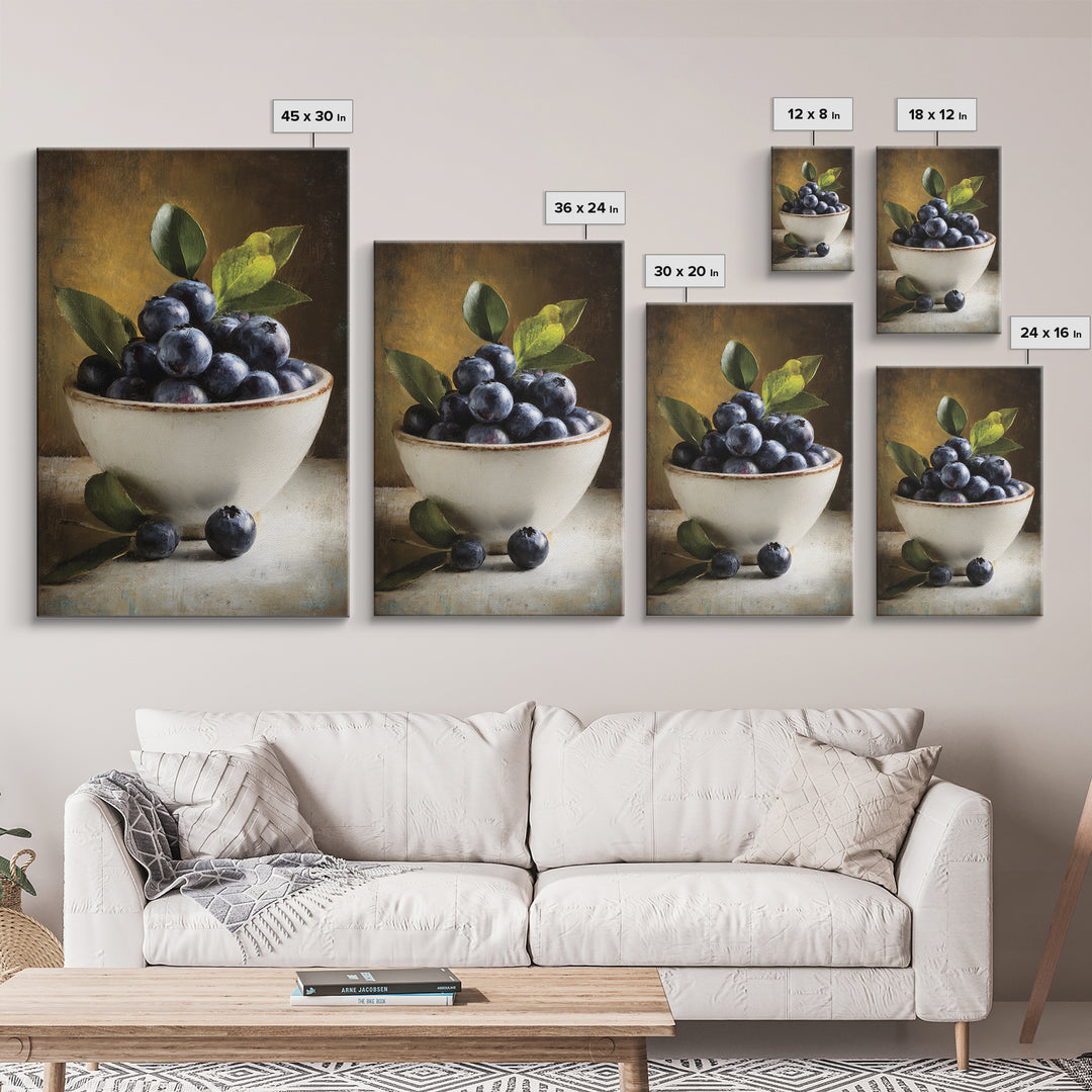Blueberries in a White Bowl Framed Canvas Print, Kitchen Art, Coffee Print, Kitchen Decor, Fine Art, Kitchen, Textured Painting, KIT-2x3-3