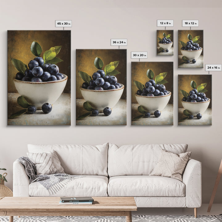 Blueberries in a White Bowl Framed Canvas Print, Kitchen Art, Coffee Print, Kitchen Decor, Fine Art, Kitchen, Textured Painting, KIT-2x3-3