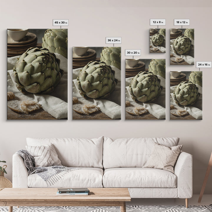 Artichoke Closeup in Painterly Green Tones Framed Canvas Print, Kitchen Art, Statement Artwork, Kitchen Decor, Kitchen, KIT-2x3-4