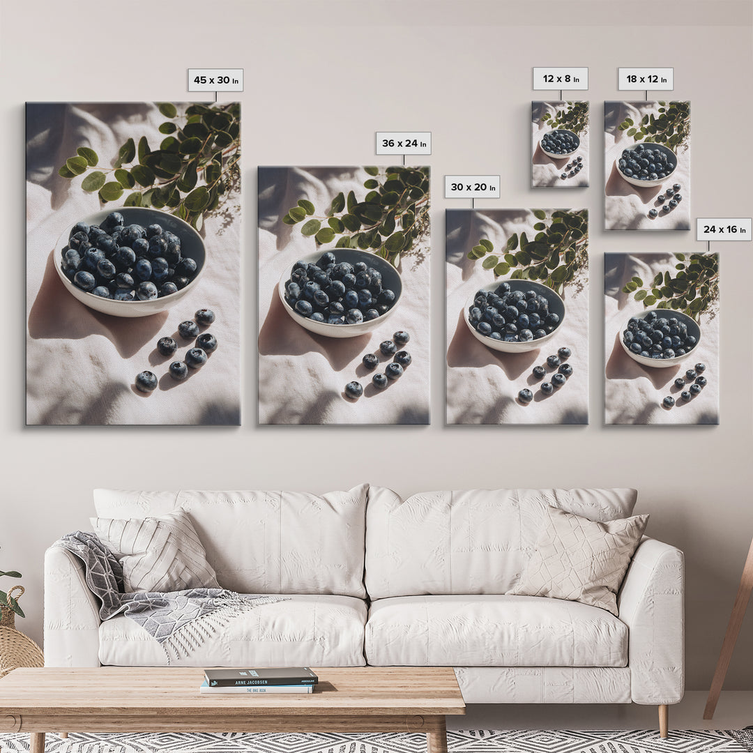 Blueberries in a White Bowl Framed Canvas Print, Kitchen Art, Room Decor, Kitchen Decor, Oil Painting, Kitchen, Digital Art, KIT-2x3-51