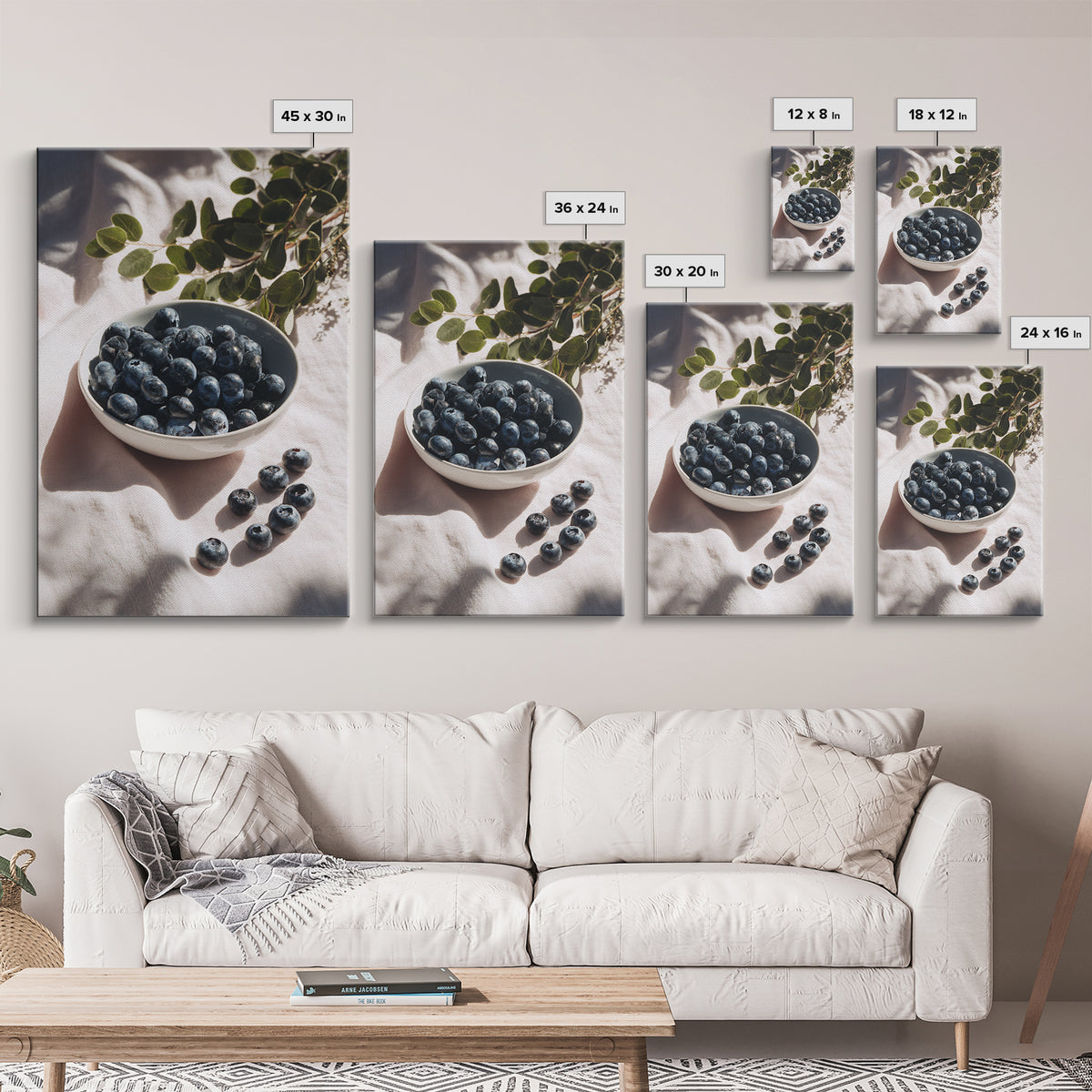 Blueberries in a White Bowl Framed Canvas Print, Kitchen Art, Room Decor, Kitchen Decor, Oil Painting, Kitchen, Digital Art, KIT-2x3-51