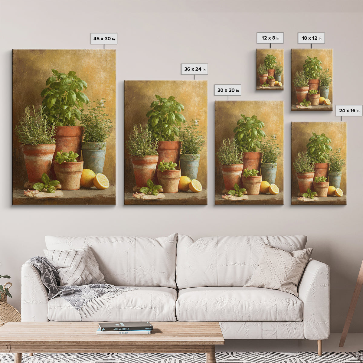 Fresh Herbs in Terracotta Pots Canvas Print, Kitchen Art, Digital Print, Kitchen Decor, Oil Painting, Kitchen, Kitchen Print, KIT-2x3-57