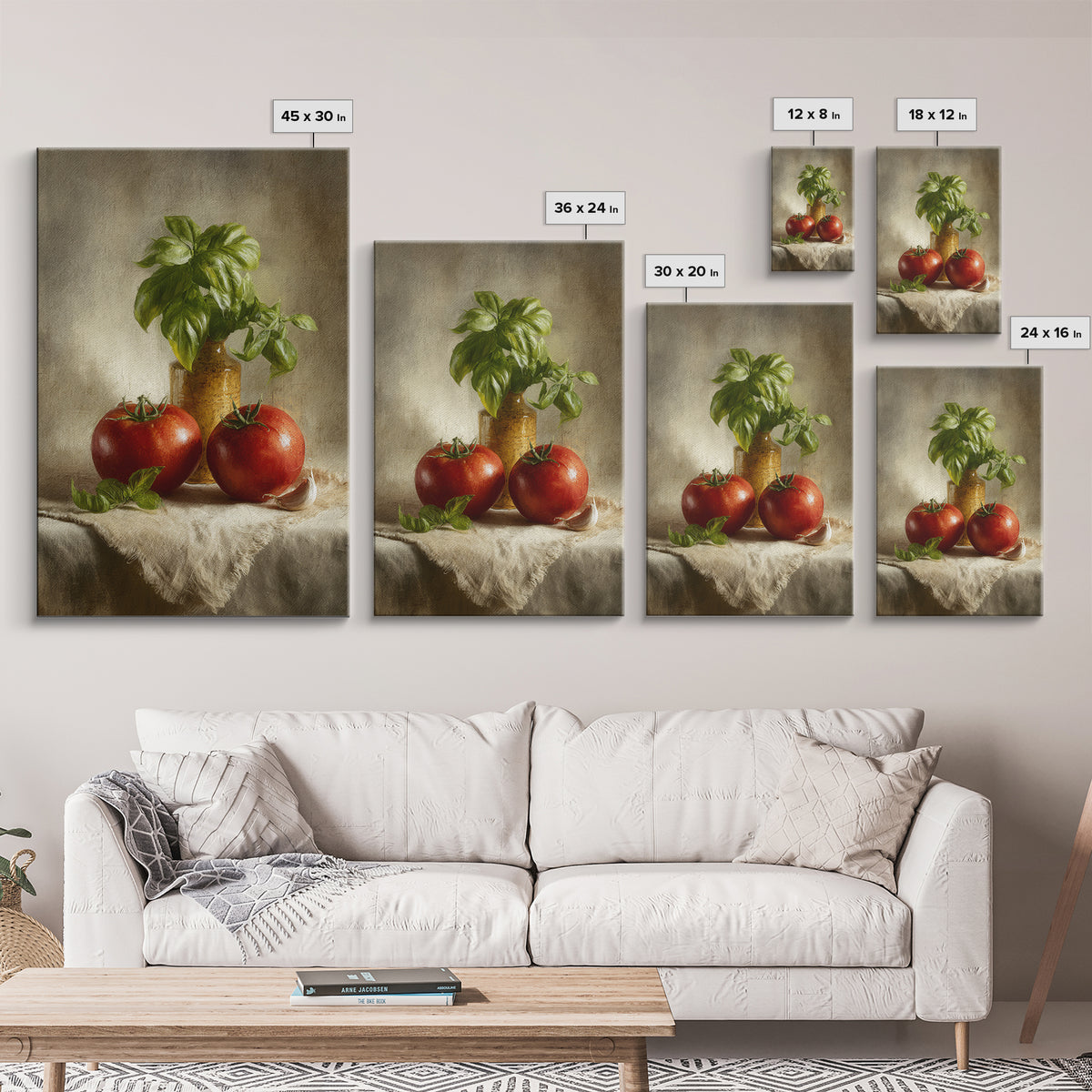 Tomatoes Garlic and Basil on Linen Framed Canvas Print, Kitchen Art, Kitchen, Kitchen Decor, Abstract Art, Kitchen, KIT-2x3-59
