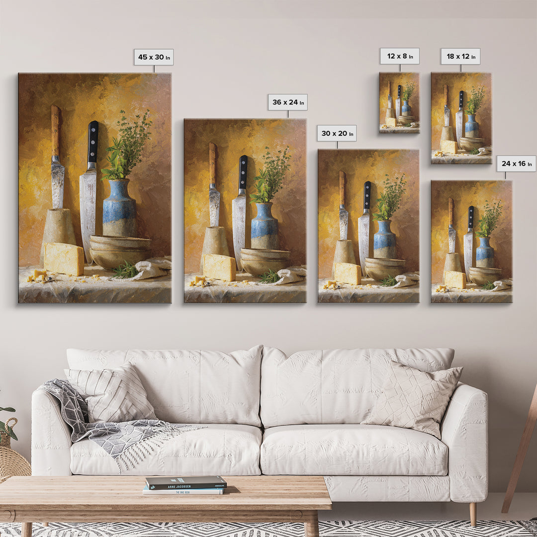 Chef Knives and Herbs Arranged as Graphic Canvas Print, Kitchen Art, Home Decor, Kitchen Decor, Oil Painting, Kitchen, KIT-2x3-66