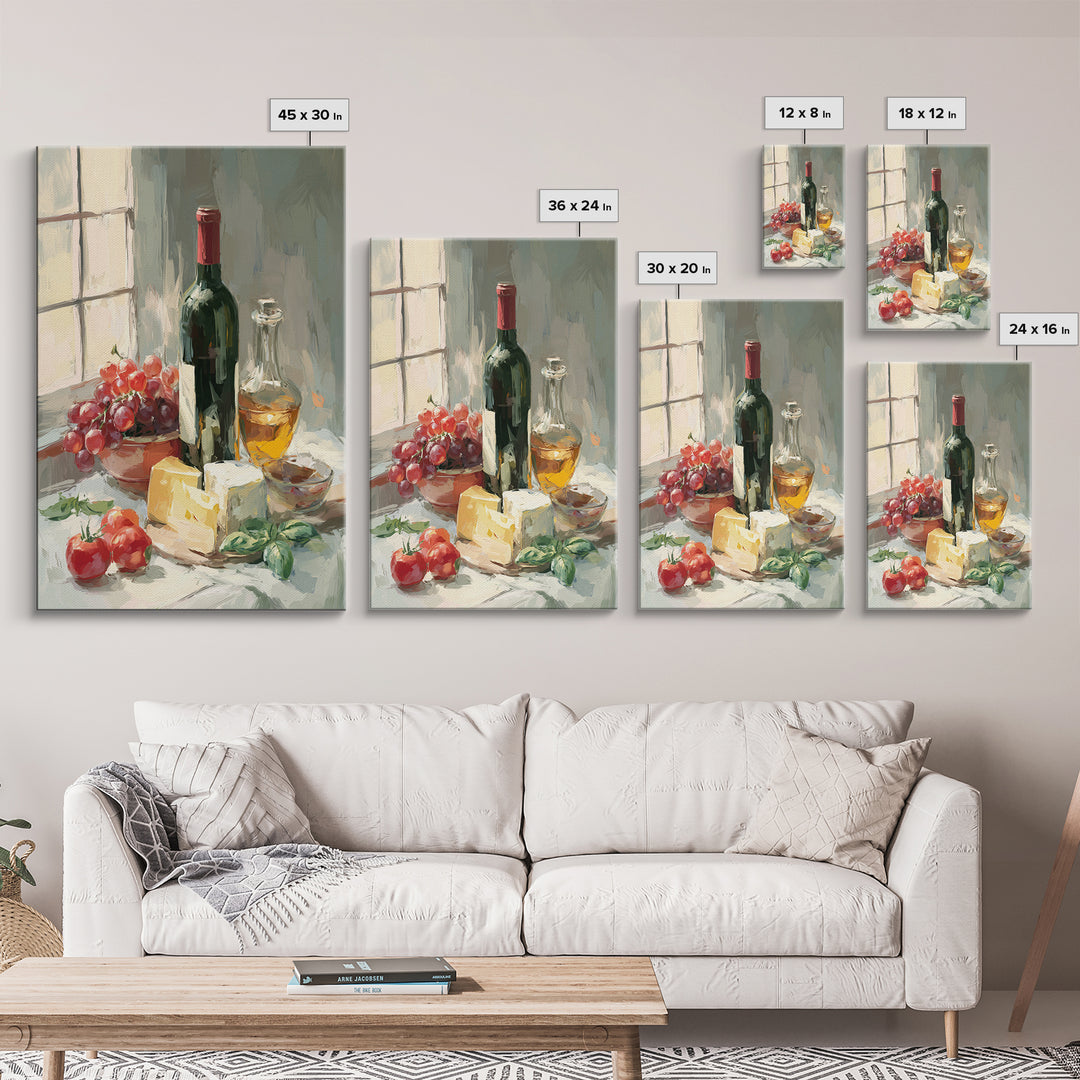 Wine Bottle Grapes and Cheese Still Life Framed Canvas Print, Kitchen Art, Digital Art, Kitchen Decor, Fine Art, Kitchen, KIT-2x3-68