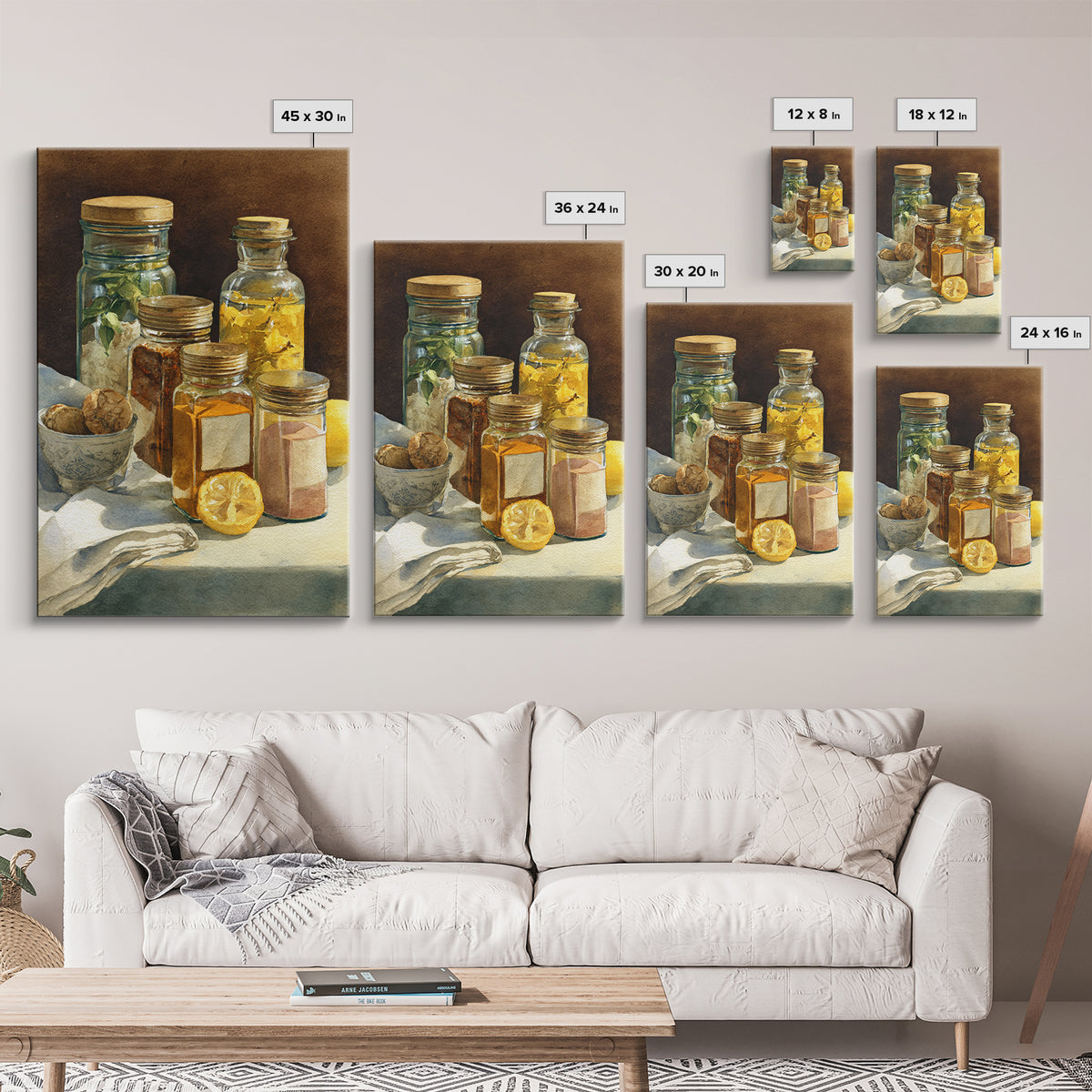 Watercolor Spice Jars Without Readable Labels Framed Canvas Print, Kitchen Art, Art Deco, Kitchen Decor, Fine Art, Kitchen, KIT-2x3-69