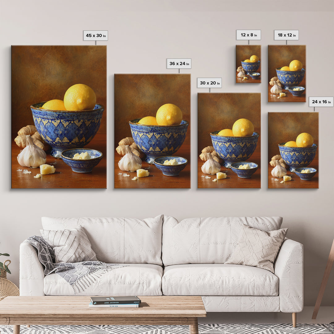 Lemons and Blue Ceramic Bowl Still Life Canvas Print, Kitchen Art, Prints, Kitchen Decor, Fine Art, Kitchen, Kitchen Wall Decor, KIT-2x3-82