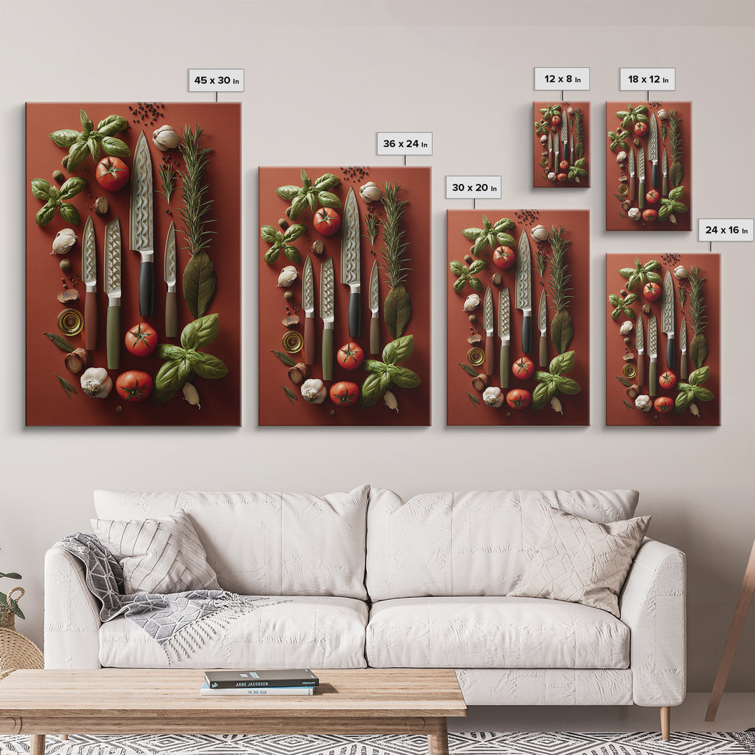 Chef Knives and Herbs Arranged as Graphic Framed Canvas Print, Kitchen Art, Art Prints, Kitchen Decor, Fine Art, Kitchen, KIT-2x3-90