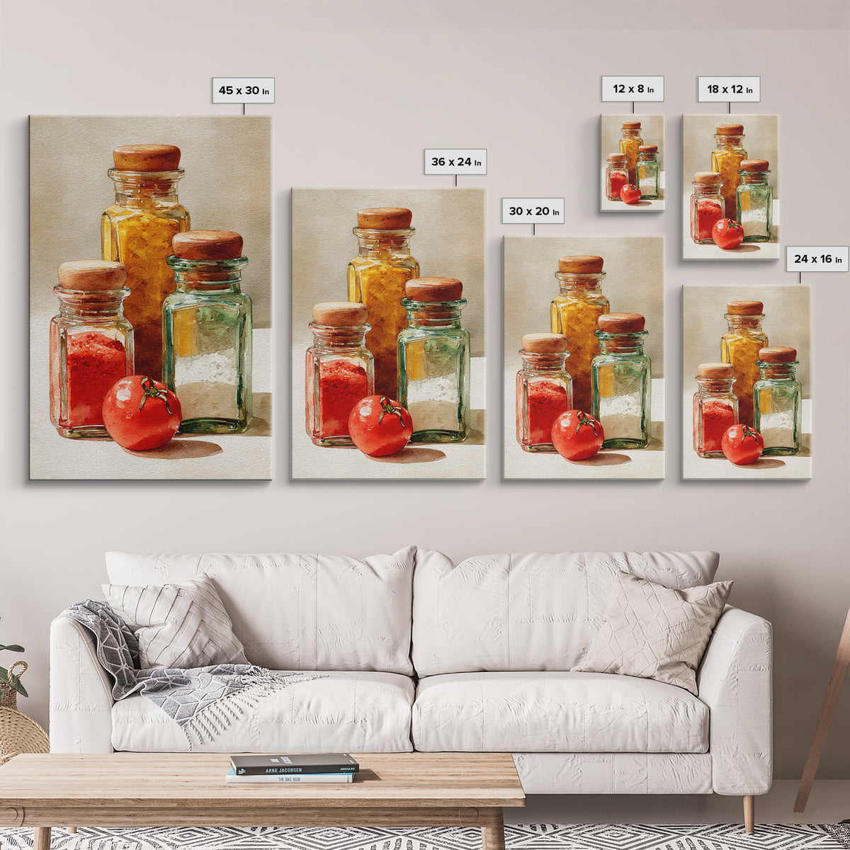 Watercolor Spice Jars Without Readable Labels Framed Canvas Print, Kitchen Art, Art Deco, Kitchen Decor, Fine Art, Kitchen, KIT-2x3-93