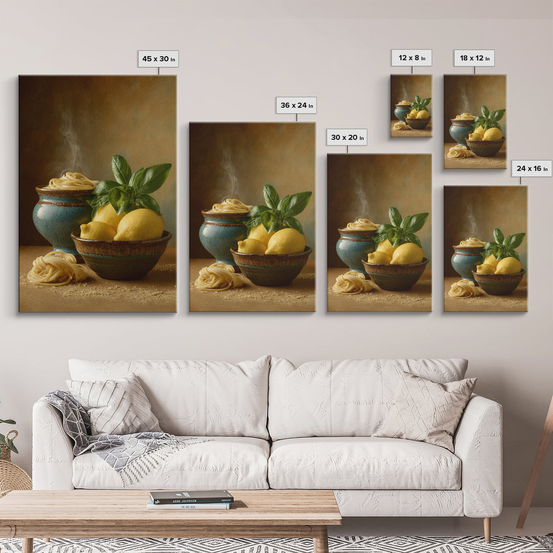 Pasta Lemons and Basil Mediterranean Still Life Framed Canvas Print, Kitchen Art, Kitchen Decor, Kitchen, Trendy Wall Art, KIT-2x3-97