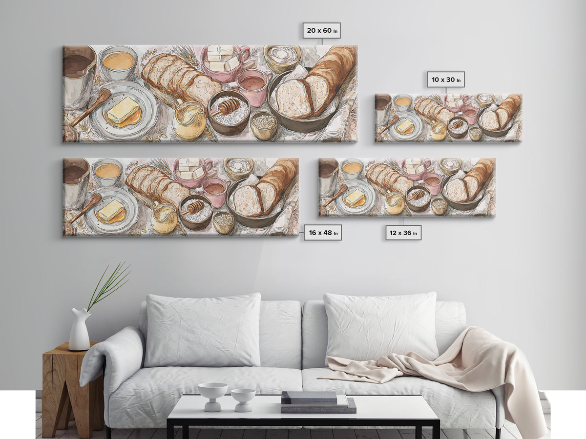 Fresh Bread with Butter and Honey Framed Canvas Print, Kitchen Art, Home Decor, Kitchen Decor, Fine Art, Kitchen, Digital Print, KIT-3x1-10