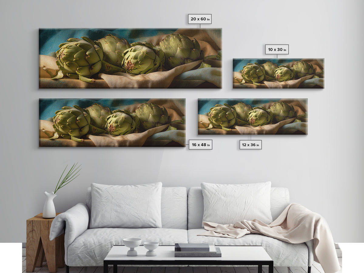 Artichoke Closeup in Painterly Green Tones Framed Canvas Print, Kitchen Art, Trendy Wall Art, Kitchen Decor, Fine Art, Kitchen, KIT-3x1-12