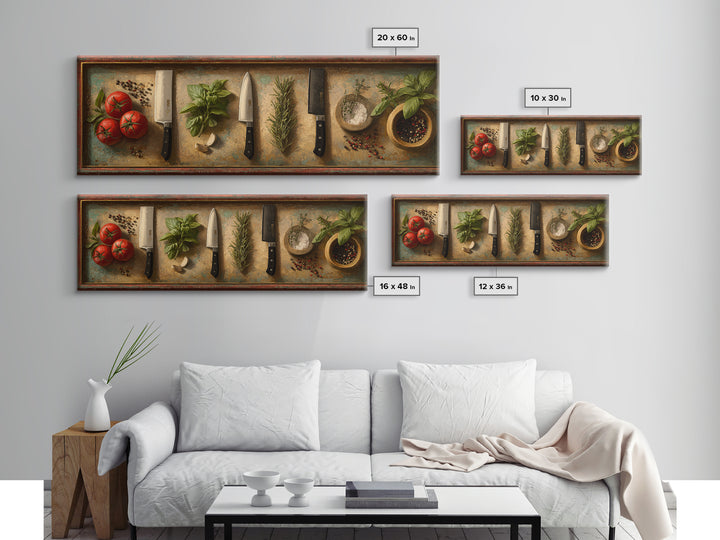 Chef Knives and Herbs Arranged as Graphic Framed Canvas Print, Kitchen Art, Prints, Kitchen Decor, Fine Art, Kitchen, KIT-3x1-2