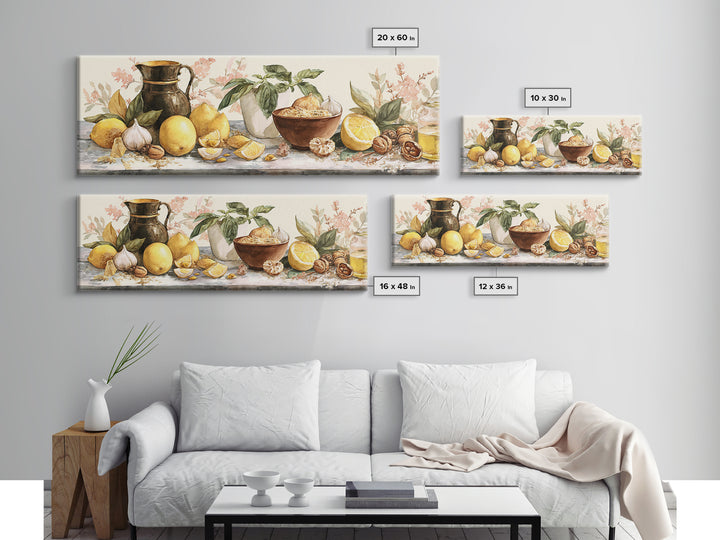 Pasta Lemons and Basil Mediterranean Still Life Framed Canvas Print, Kitchen Art, Coffee Art, Kitchen Decor, Fine Art, Kitchen, KIT-3x1-57