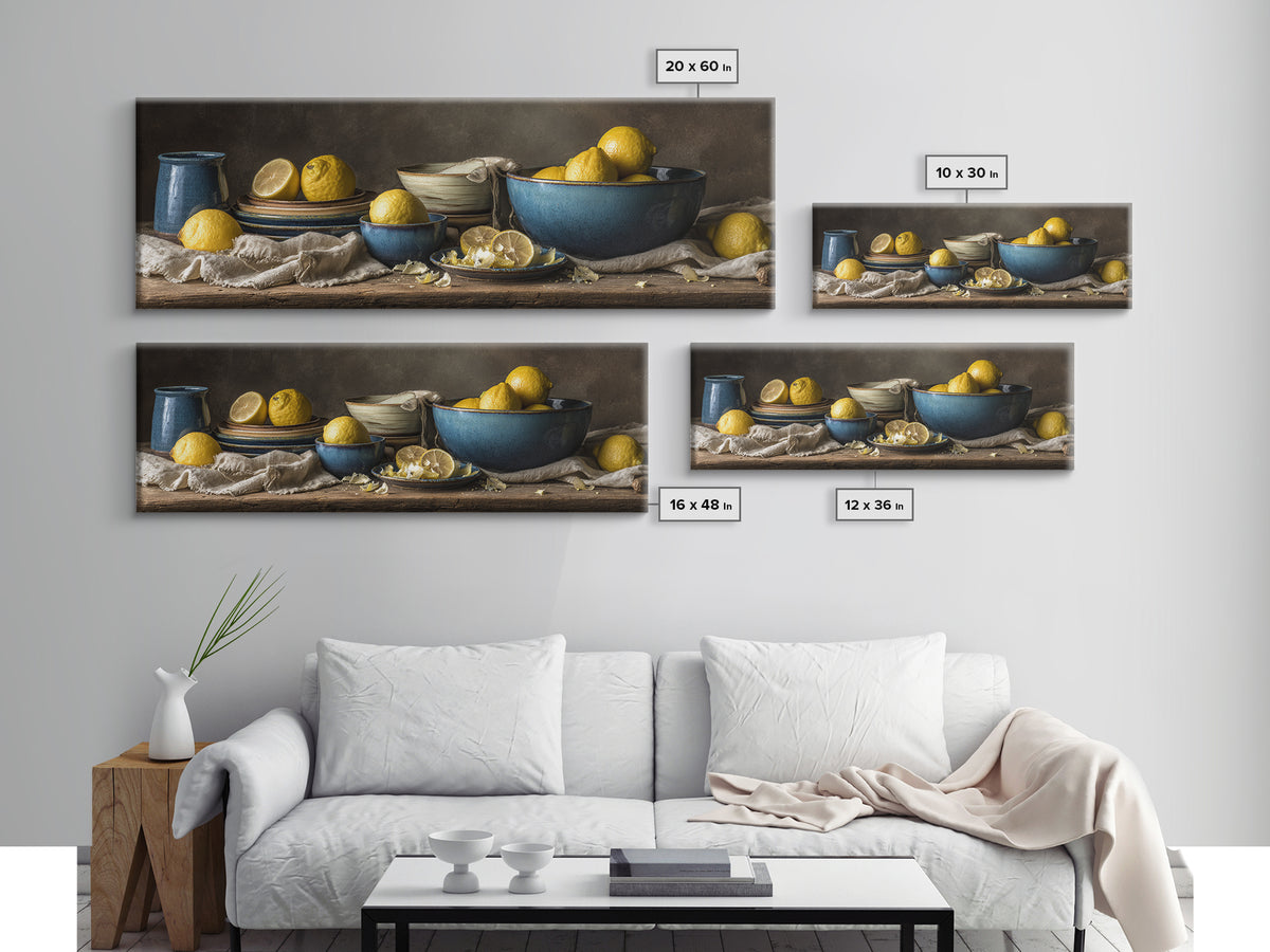 Lemons and Blue Ceramic Bowl Still Life Canvas Print, Kitchen Art, Printable Art, Kitchen Decor, Kitchen, Coffee Wall Art, KIT-3x1-66