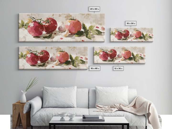 Tomatoes Garlic and Basil on Linen Framed Canvas Print, Kitchen Art, Digital Art, Kitchen Decor, Kitchen, Minimalist Wall Art, KIT-3x1-67