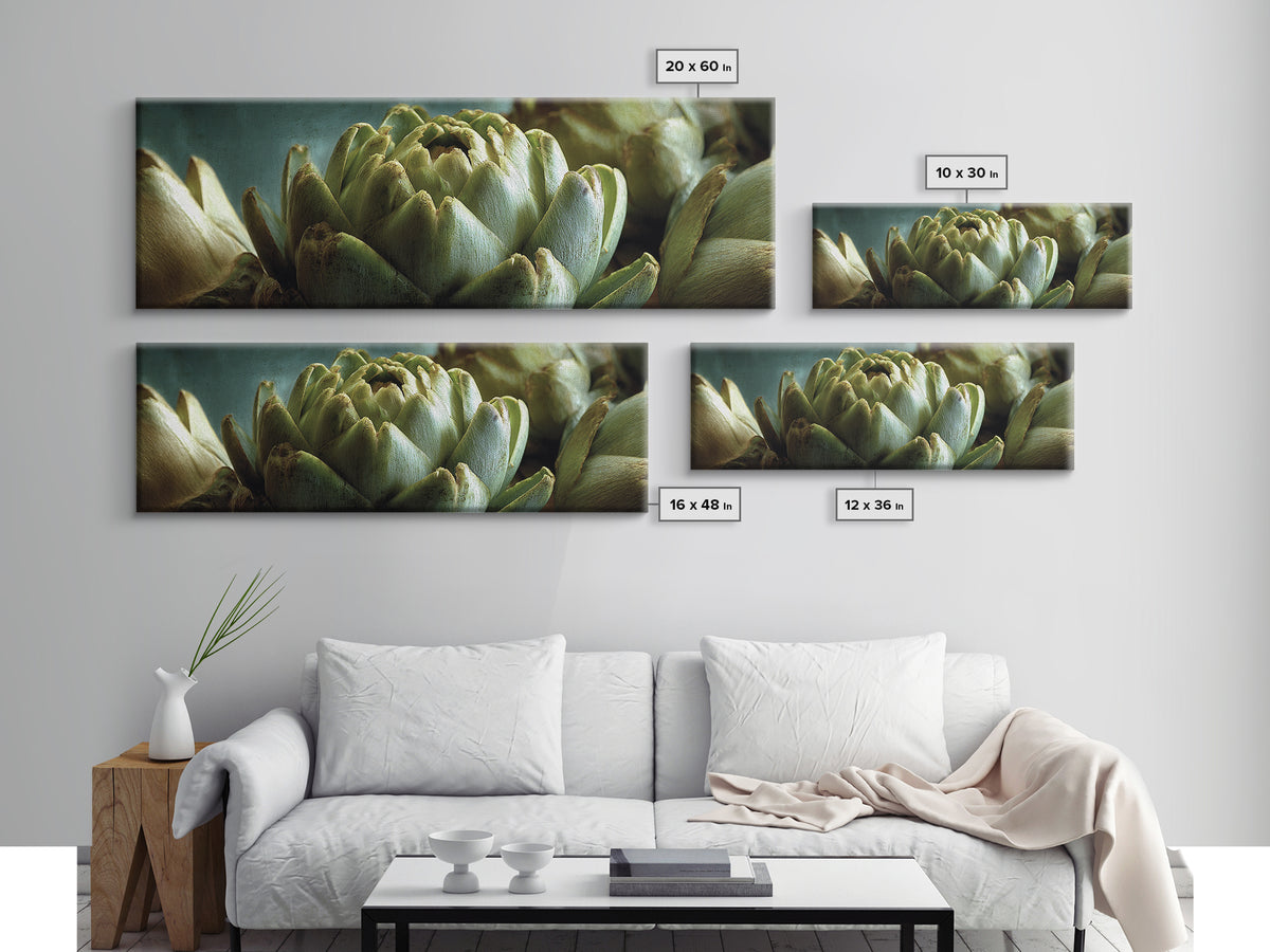 Artichoke Closeup in Painterly Green Tones Framed Canvas Print, Kitchen Art, Kitchen, Kitchen Decor, Fine Art, Kitchen, KIT-3x1-84