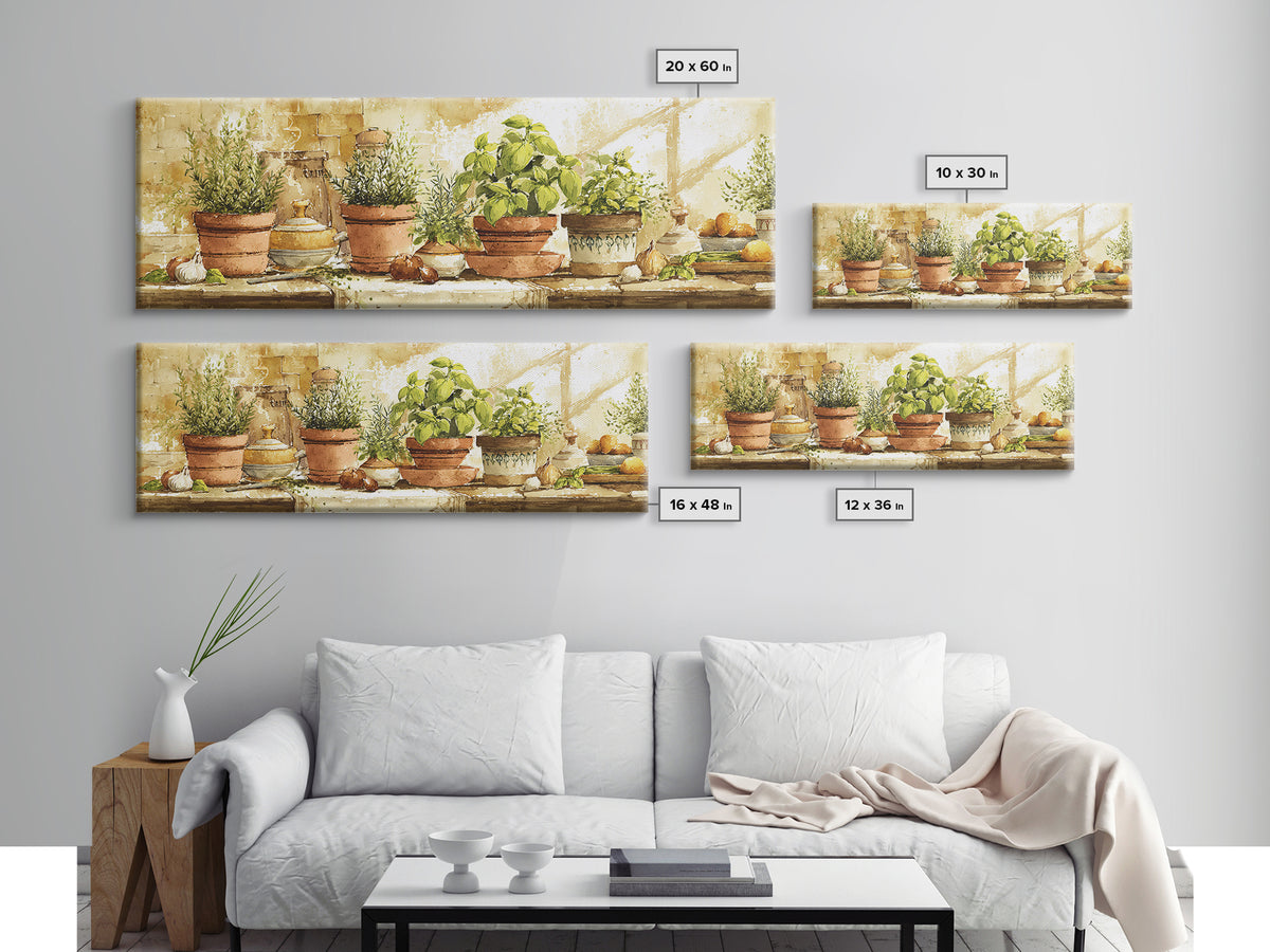 Fresh Herbs in Terracotta Pots Framed Canvas Print, Kitchen Art, Kitchen Art Print, Kitchen Decor, Oil Painting, Kitchen, KIT-3x1-89