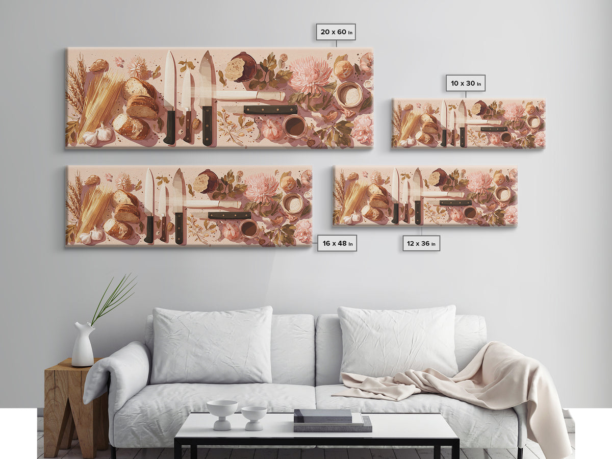 Chef Knives and Herbs Arranged as Graphic Canvas Print, Kitchen Art, Kitchen Prints, Kitchen Decor, Fine Art, Kitchen, KIT-3x1-98