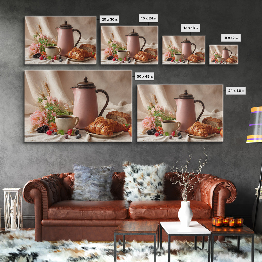 Coffee Pot and Croissant Morning Still Life Canvas Print, Kitchen Art, Coffee Art, Kitchen Decor, Kitchen, Fine Art Print, KIT-3x2-11