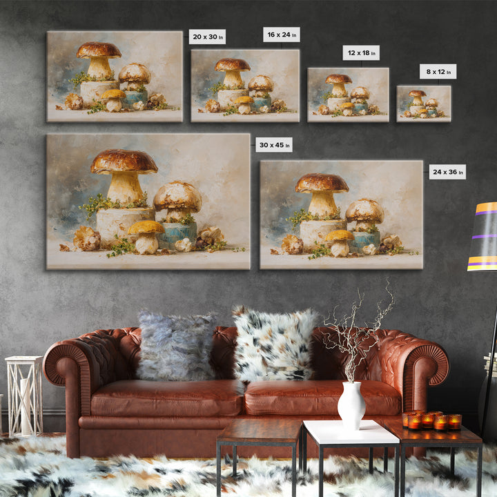 Mushrooms and Thyme Botanical Study Framed Canvas Print, Kitchen Art, Poster Art, Kitchen Decor, Fine Art, Kitchen, Boho Decor, KIT-3x2-19