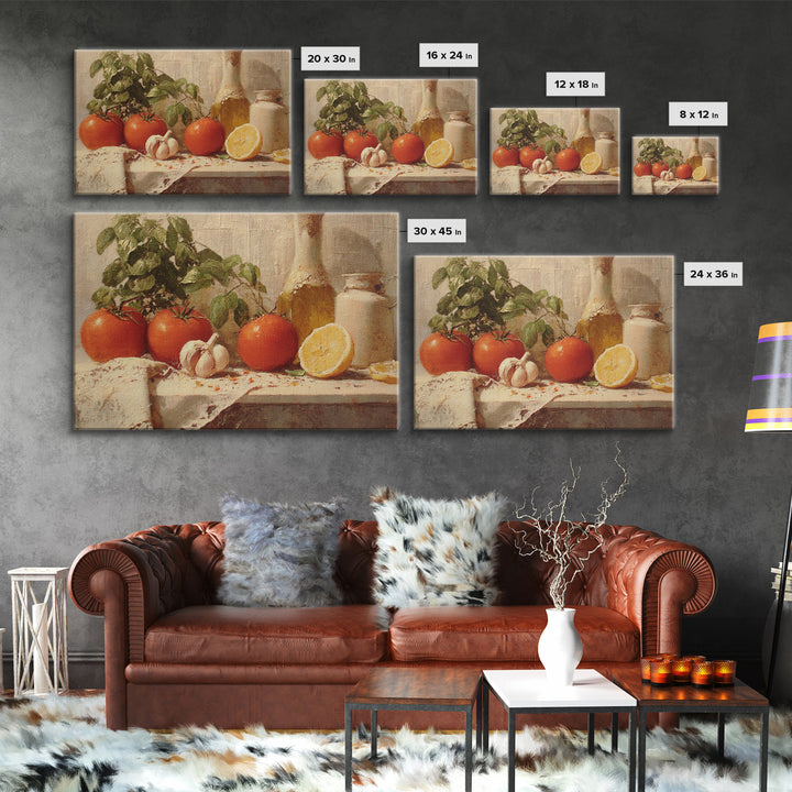 Tomatoes Garlic and Basil on Linen Framed Canvas Print, Kitchen Art, Trendy Wall Art, Kitchen Decor, Abstract Art, Kitchen, KIT-3x2-31