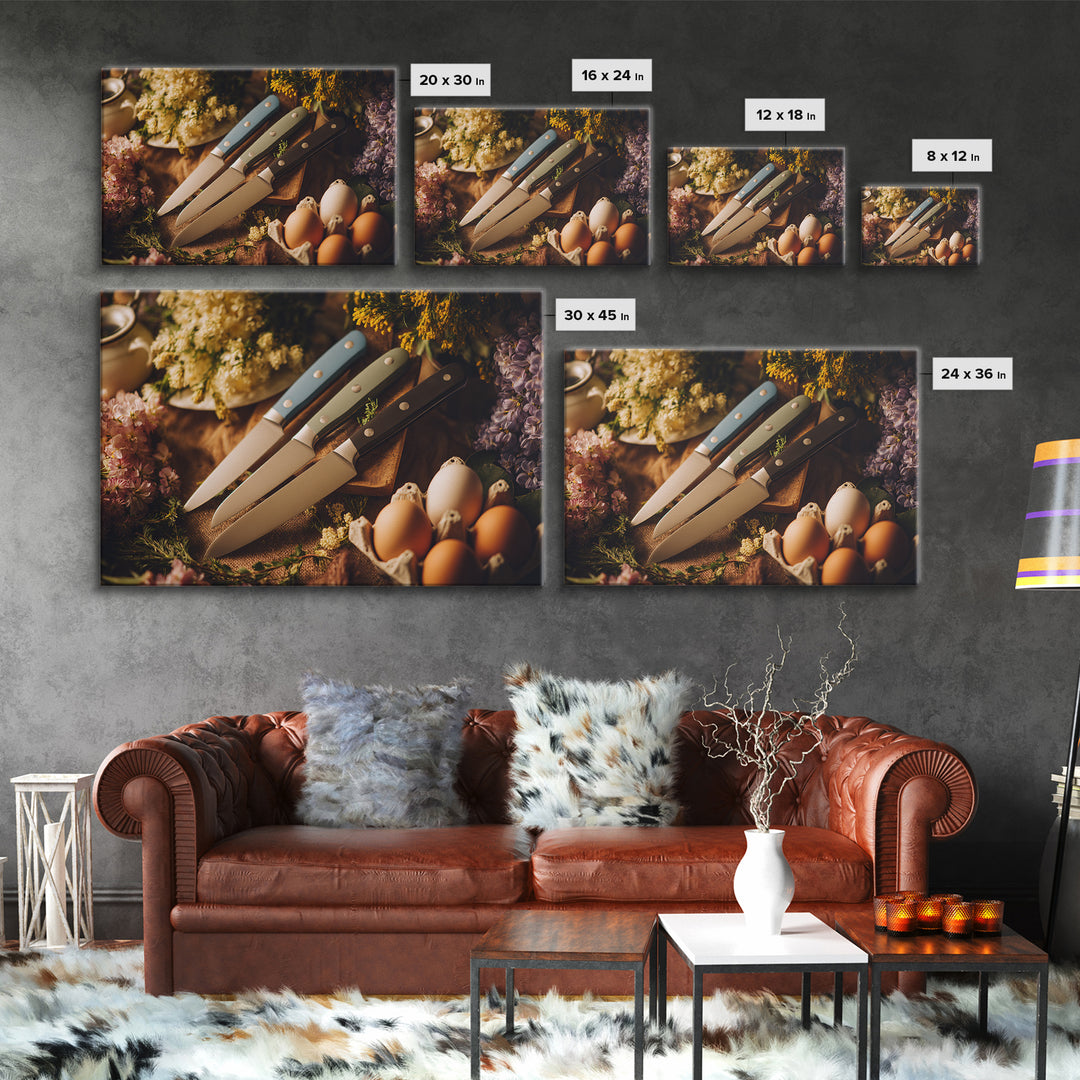 Chef Knives and Herbs Arranged as Graphic Canvas Print, Kitchen Art, Kitchen Wall Art, Kitchen Decor, Fine Art, Kitchen, KIT-3x2-38