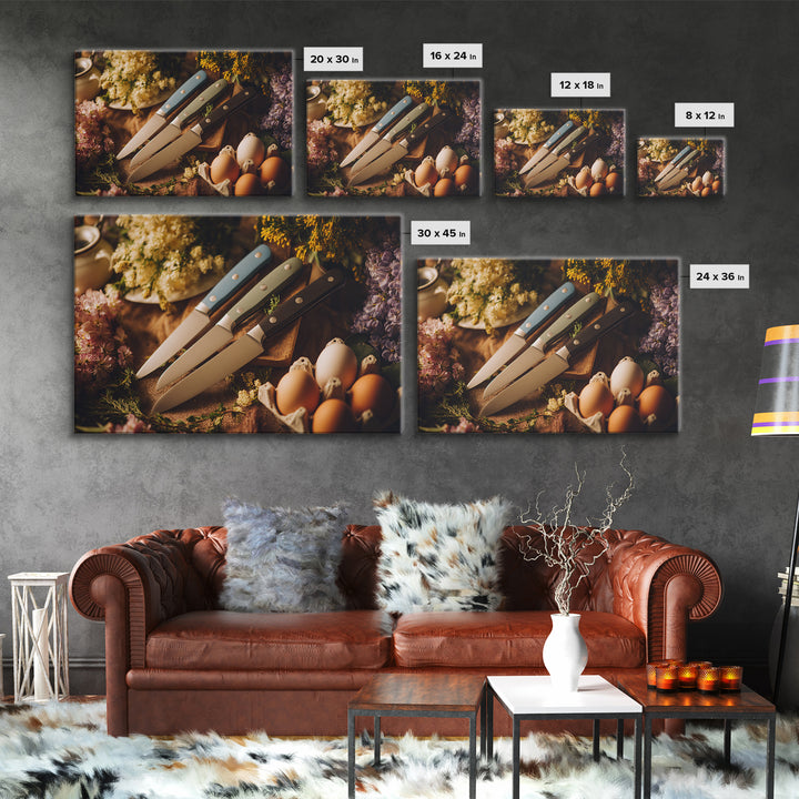Chef Knives and Herbs Arranged as Graphic Canvas Print, Kitchen Art, Kitchen Wall Art, Kitchen Decor, Fine Art, Kitchen, KIT-3x2-38