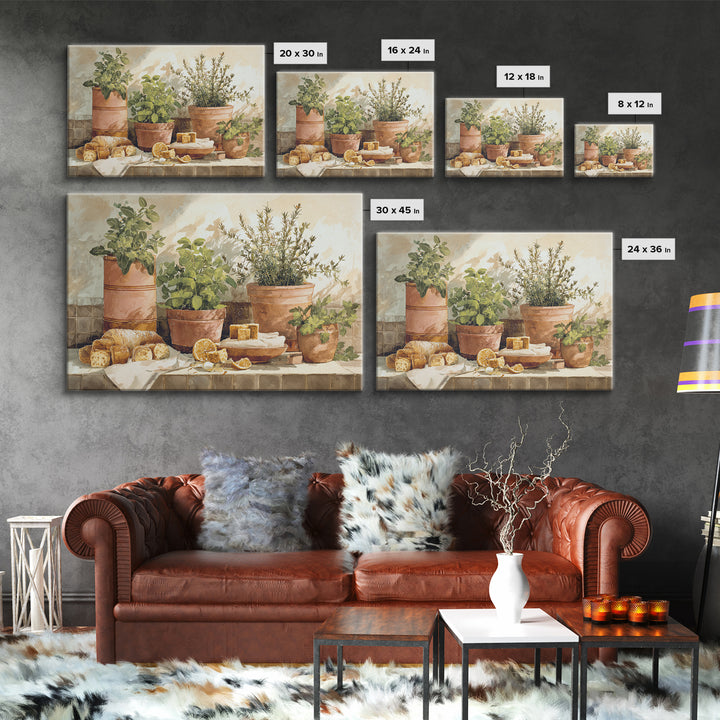 Fresh Herbs in Terracotta Pots Framed Canvas Print, Kitchen Art, Modern Art, Kitchen Decor, Fine Art, Kitchen, Neutral Decor, KIT-3x2-5