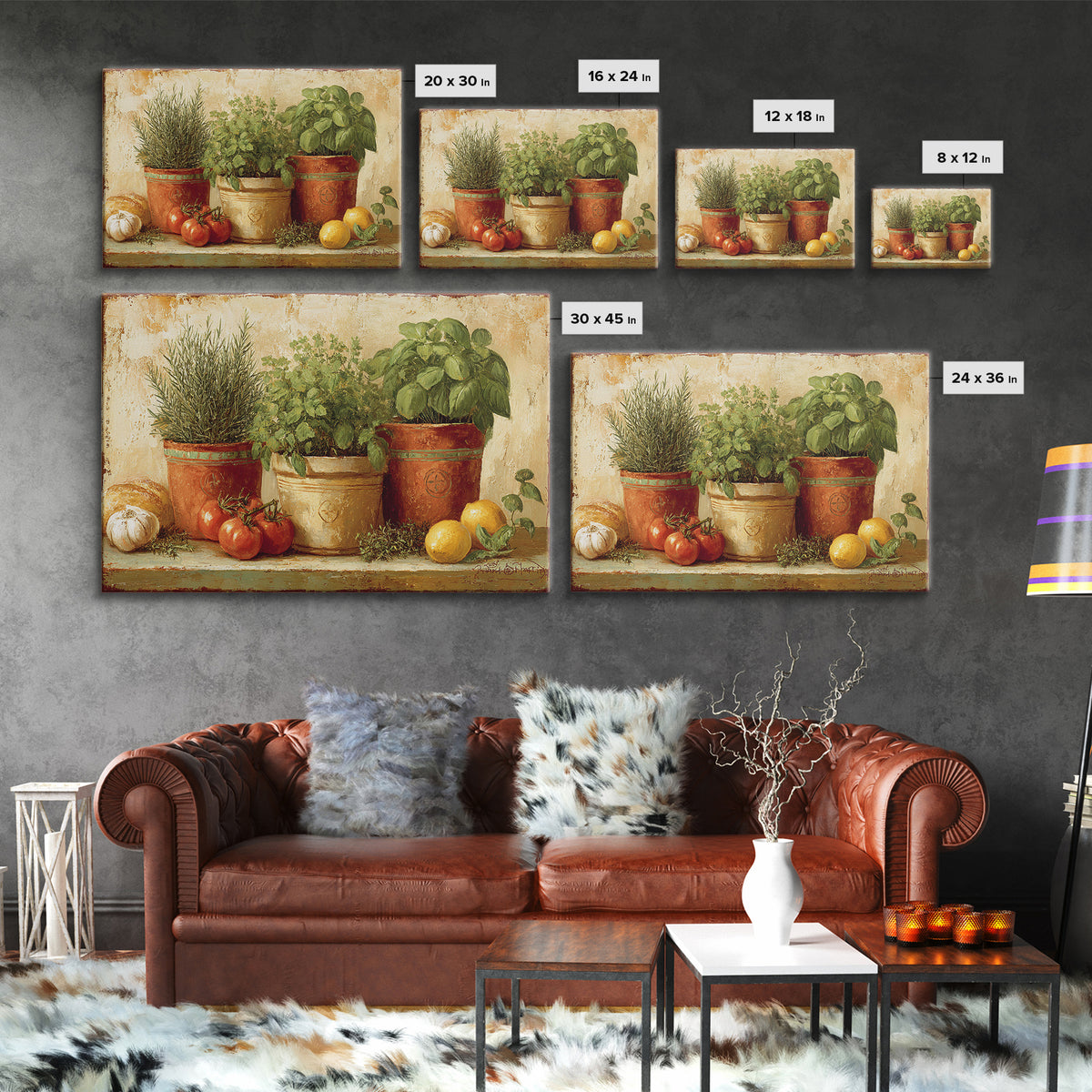 Fresh Herbs in Terracotta Pots Canvas Print, Kitchen Art, Dining Room Wall Art, Kitchen Decor, Fine Art, Kitchen, Luxury Decor, KIT-3x2-53