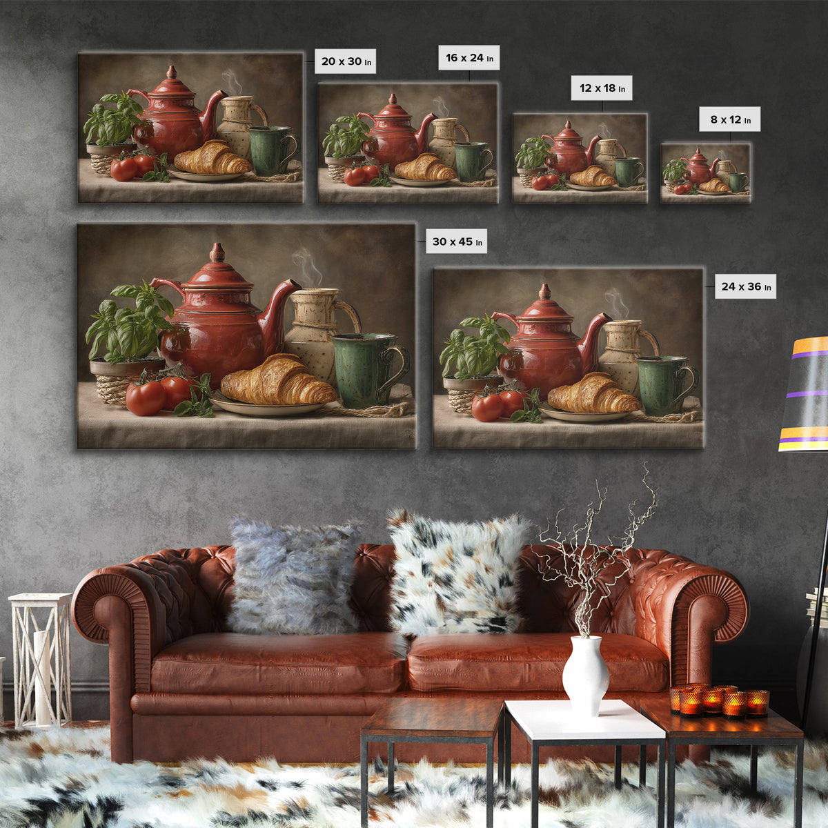 Coffee Pot and Croissant Morning Still Life Framed Canvas Print, Kitchen Art, Art Print, Kitchen Decor, Oil Painting, Kitchen, KIT-3x2-59