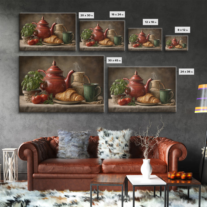 Coffee Pot and Croissant Morning Still Life Framed Canvas Print, Kitchen Art, Art Print, Kitchen Decor, Oil Painting, Kitchen, KIT-3x2-59