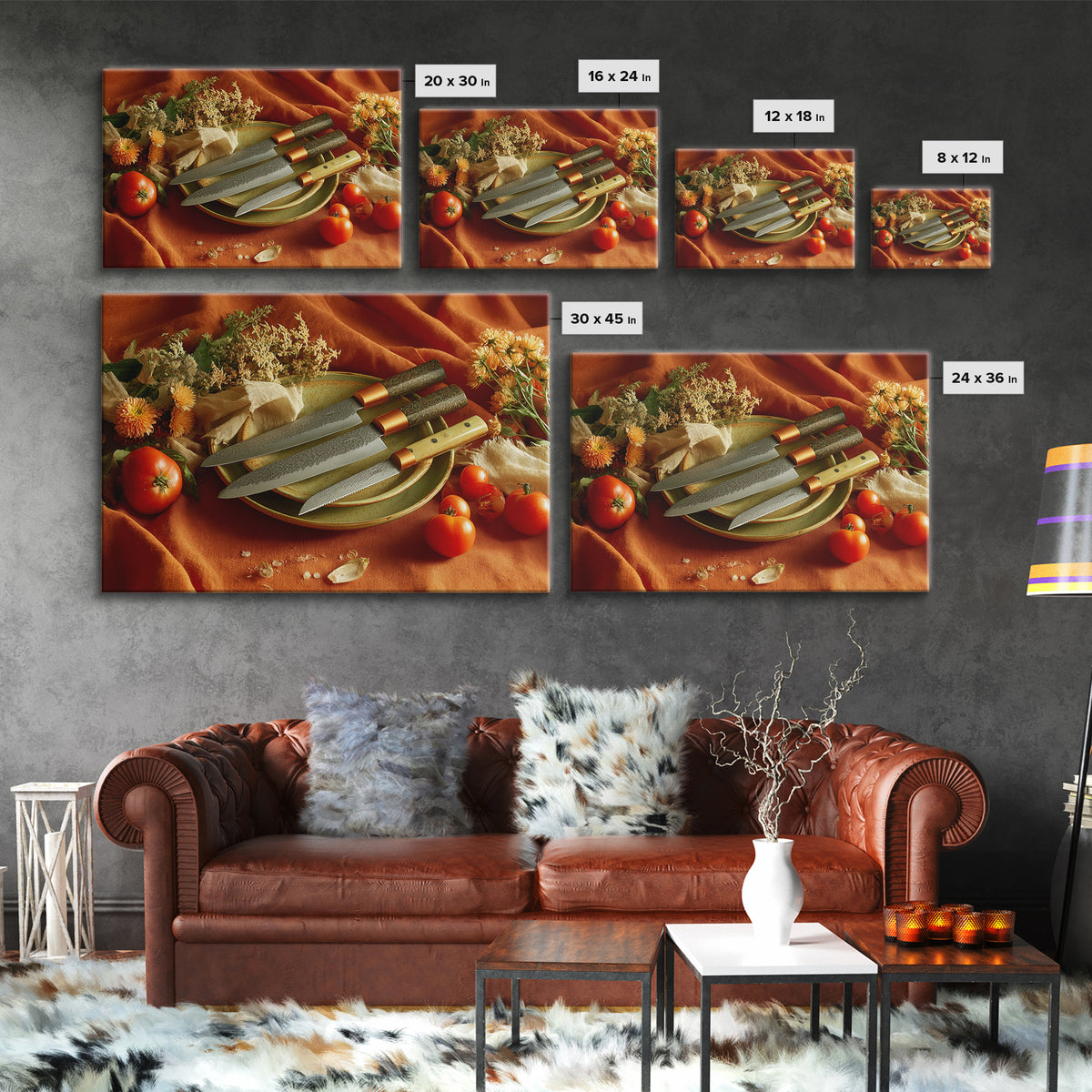 Chef Knives and Herbs Arranged as Graphic Canvas Print, Kitchen Art, Kitchen Wall Art, Kitchen Decor, Fine Art, Kitchen, KIT-3x2-62