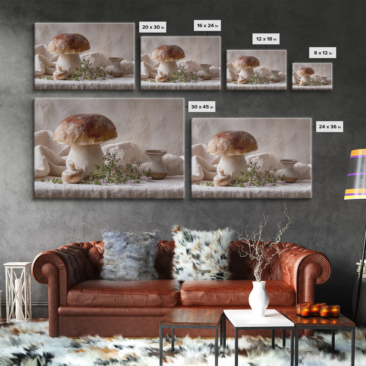 Mushrooms and Thyme Botanical Study Canvas Print, Kitchen Art, Textured Painting, Kitchen Decor, Watercolor Art, Kitchen, KIT-3x2-67
