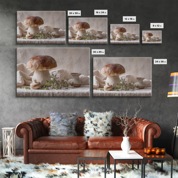 Mushrooms and Thyme Botanical Study Canvas Print, Kitchen Art, Textured Painting, Kitchen Decor, Watercolor Art, Kitchen, KIT-3x2-67