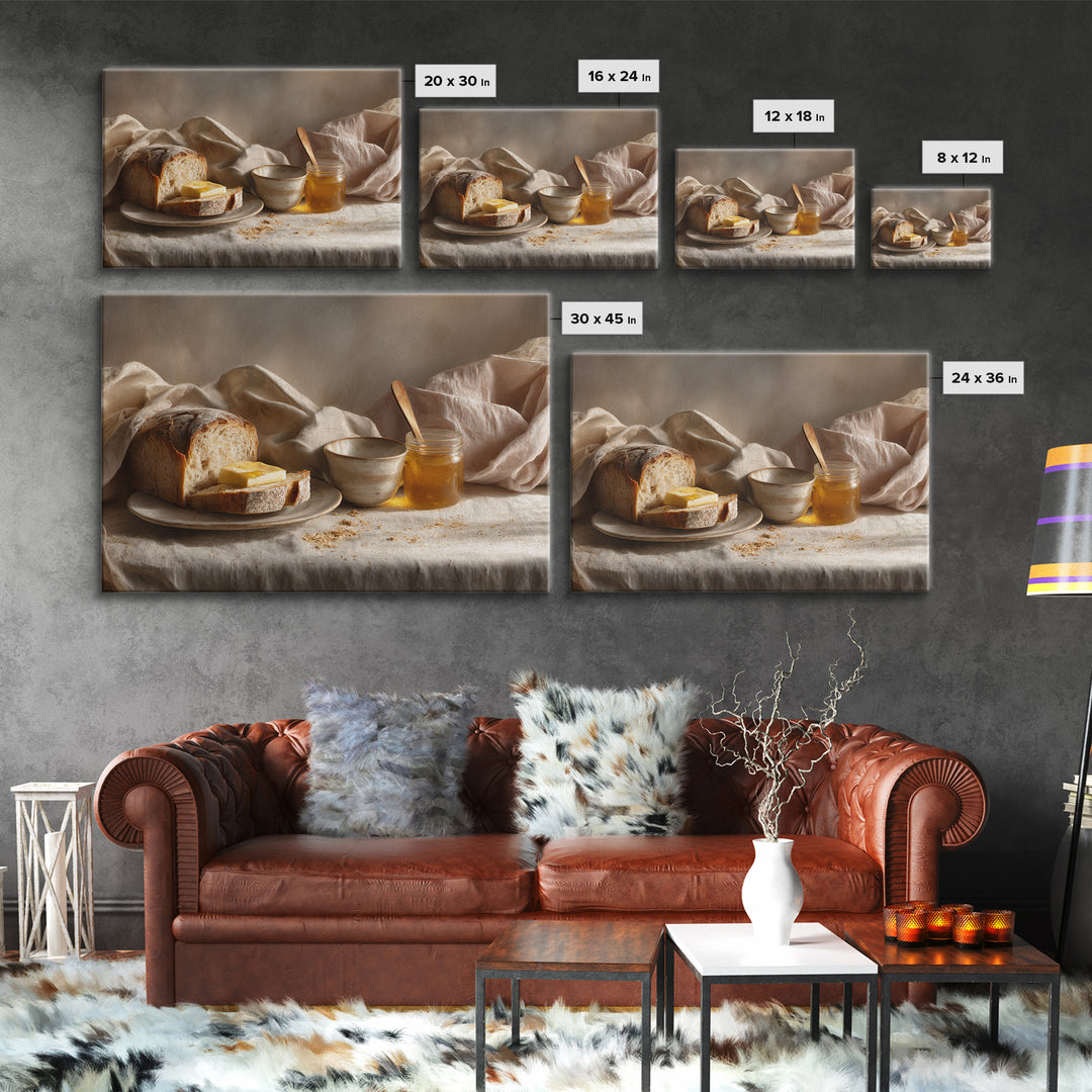 Fresh Bread with Butter and Honey Framed Canvas Print, Kitchen Art, Printable Art, Kitchen Decor, Kitchen, Coffee Wall Art, KIT-3x2-70