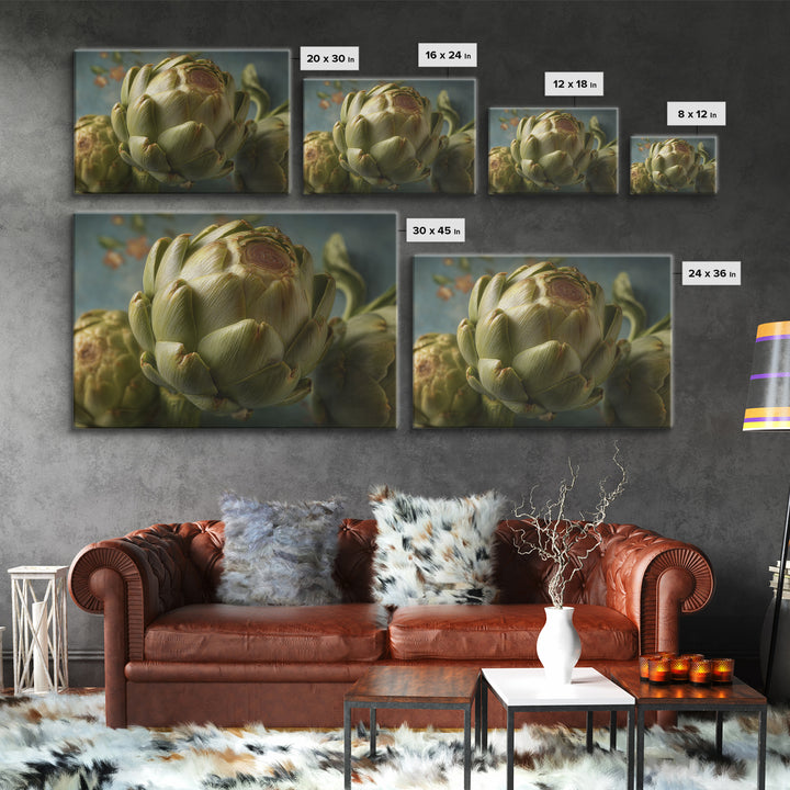 Artichoke Closeup in Painterly Green Tones Canvas Print, Kitchen Art, Modern Decor, Kitchen Decor, Fine Art, Kitchen, KIT-3x2-72