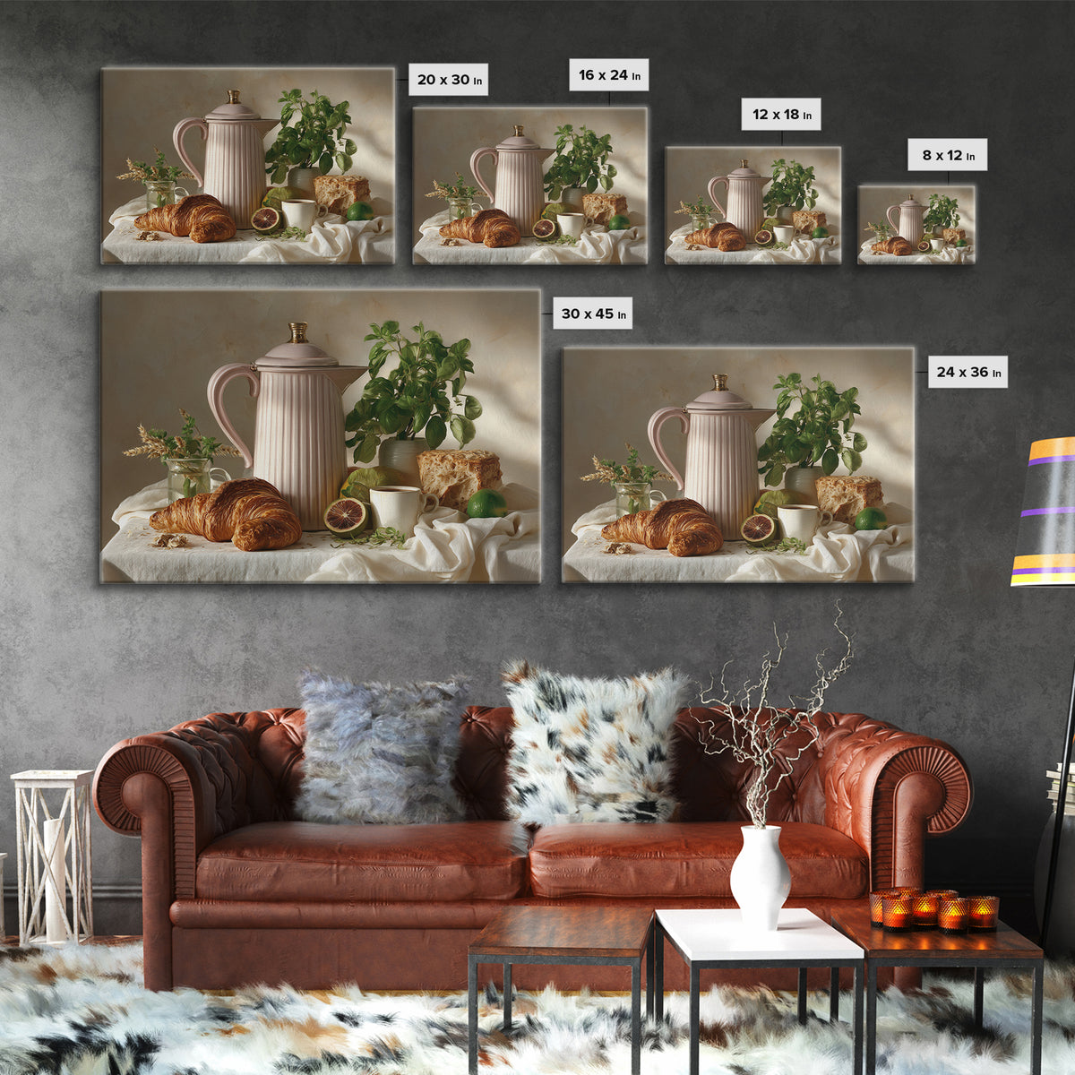 Coffee Pot and Croissant Morning Still Life Canvas Print, Kitchen Art, Wall Art, Kitchen Decor, Kitchen, Kitchen Wall Art, KIT-3x2-83