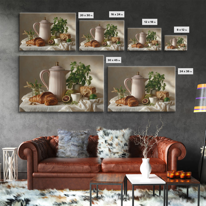 Coffee Pot and Croissant Morning Still Life Canvas Print, Kitchen Art, Wall Art, Kitchen Decor, Kitchen, Kitchen Wall Art, KIT-3x2-83
