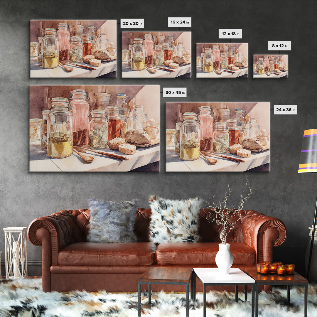 Watercolor Spice Jars Without Readable Labels Canvas Print, Kitchen Art, Coffee Print, Kitchen Decor, Oil Painting, Kitchen, KIT-3x2-89
