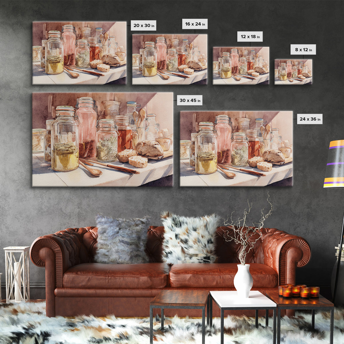 Watercolor Spice Jars Without Readable Labels Canvas Print, Kitchen Art, Coffee Print, Kitchen Decor, Oil Painting, Kitchen, KIT-3x2-89