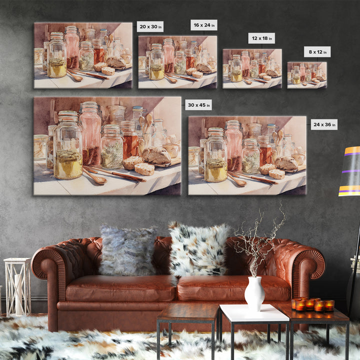 Watercolor Spice Jars Without Readable Labels Canvas Print, Kitchen Art, Coffee Print, Kitchen Decor, Oil Painting, Kitchen, KIT-3x2-89