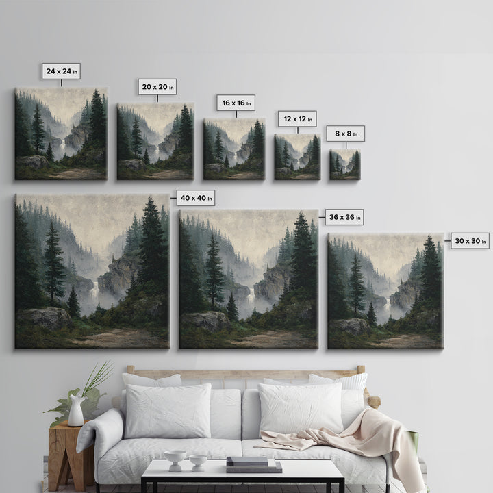 Waterfall Hidden in Dense Forest Framed Canvas Print, Landscape Art, Decor, Living Room Decor, Oil Painting, Horizon, LAN-1x1-12