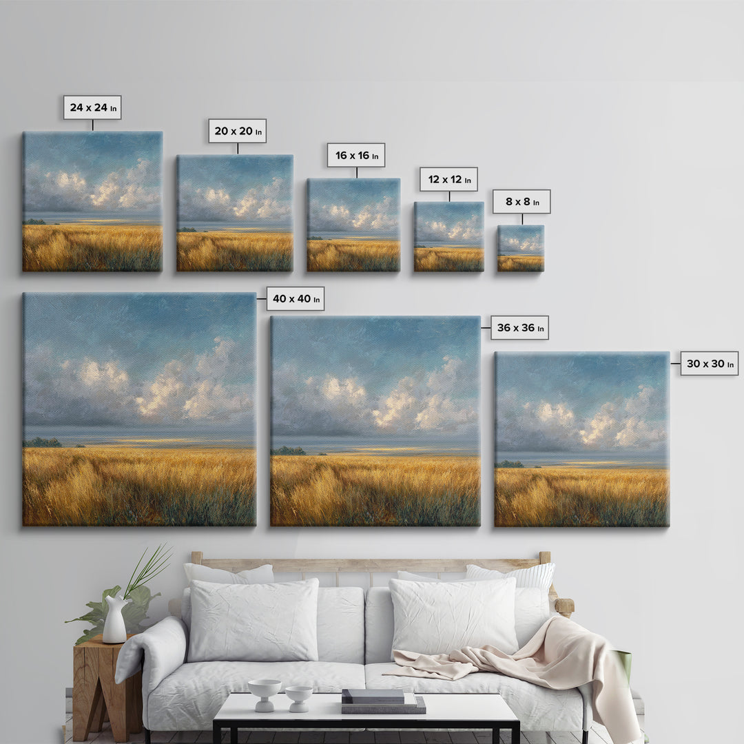 Golden Wheat Field Beneath Huge Clouds Framed Canvas Print, Landscape Art, Wall Art Print, Living Room Decor, Fine Art, Horizon, LAN-1x1-24