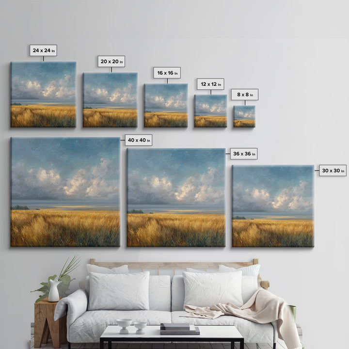 Golden Wheat Field Beneath Huge Clouds Framed Canvas Print, Landscape Art, Wall Art Print, Living Room Decor, Fine Art, Horizon, LAN-1x1-24