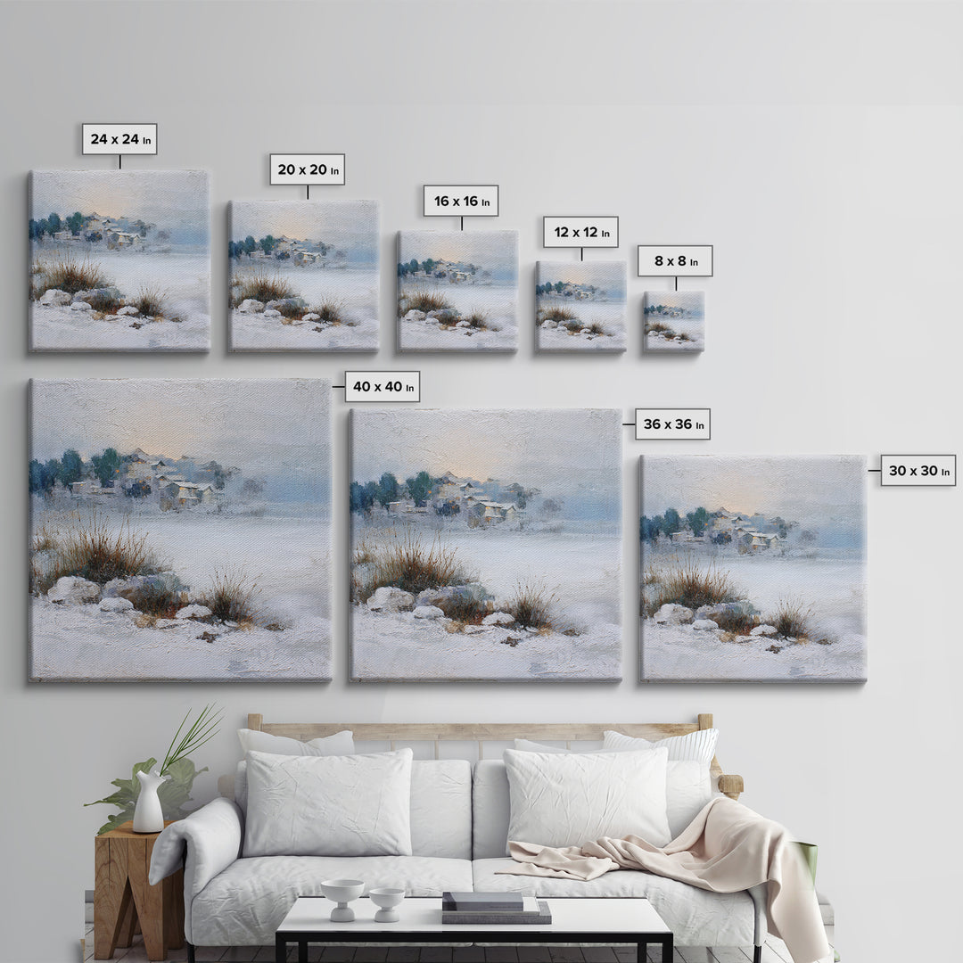 Snow Covered Alpine Village at Dusk Canvas Print, Landscape Art, Abstract Wall Art, Living Room Decor, Fine Art, Horizon, LAN-1x1-31