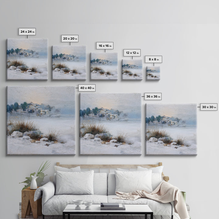 Snow Covered Alpine Village at Dusk Canvas Print, Landscape Art, Abstract Wall Art, Living Room Decor, Fine Art, Horizon, LAN-1x1-31