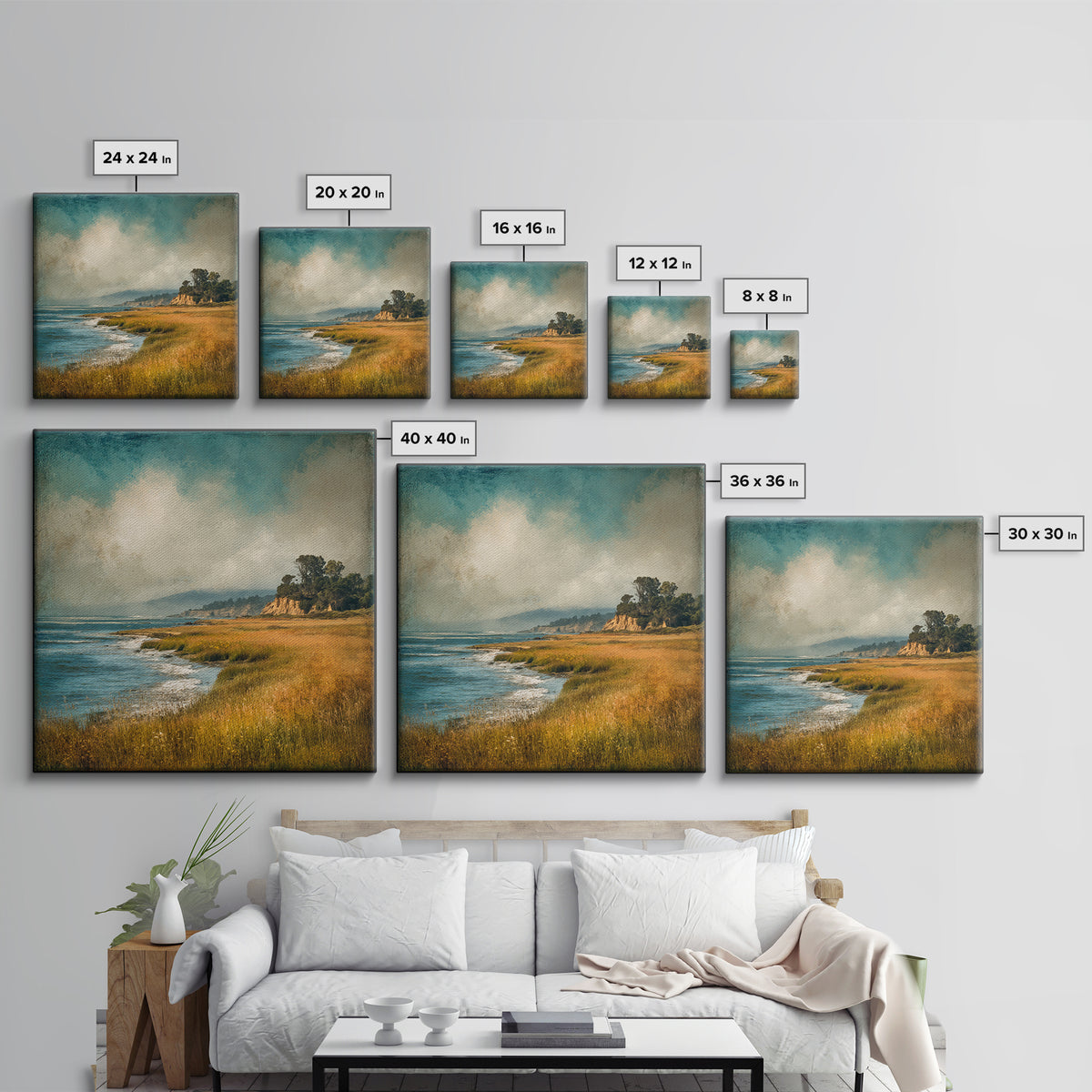 Coastal Cliffs with Crashing Waves Framed Canvas Print, Landscape Art, Gallery Decor, Living Room Decor, Fine Art, Horizon, LAN-1x1-32