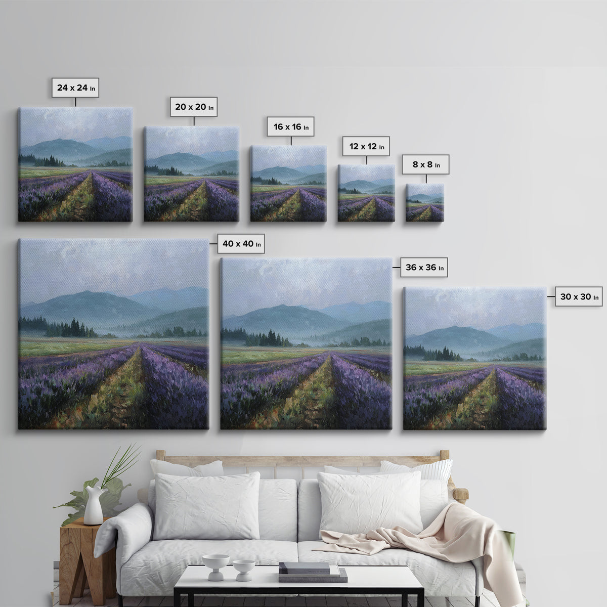 Lavender Field Leading to Distant Hills Framed Canvas Print, Landscape Art, Modern Art, Living Room Decor, Watercolor Art, LAN-1x1-34